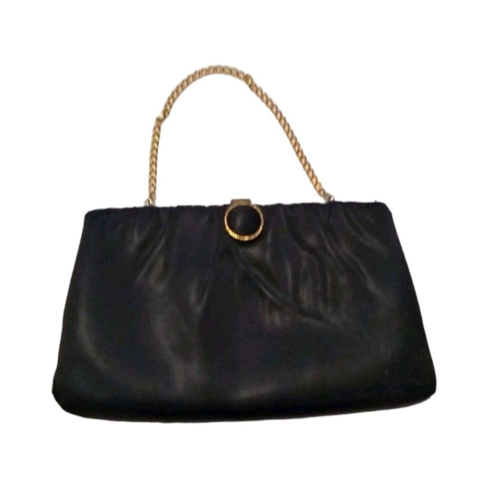 Vintage Black satin clutch handbag purse bag clasp retractable Chain Handle AsIs - Picture 3 of 10